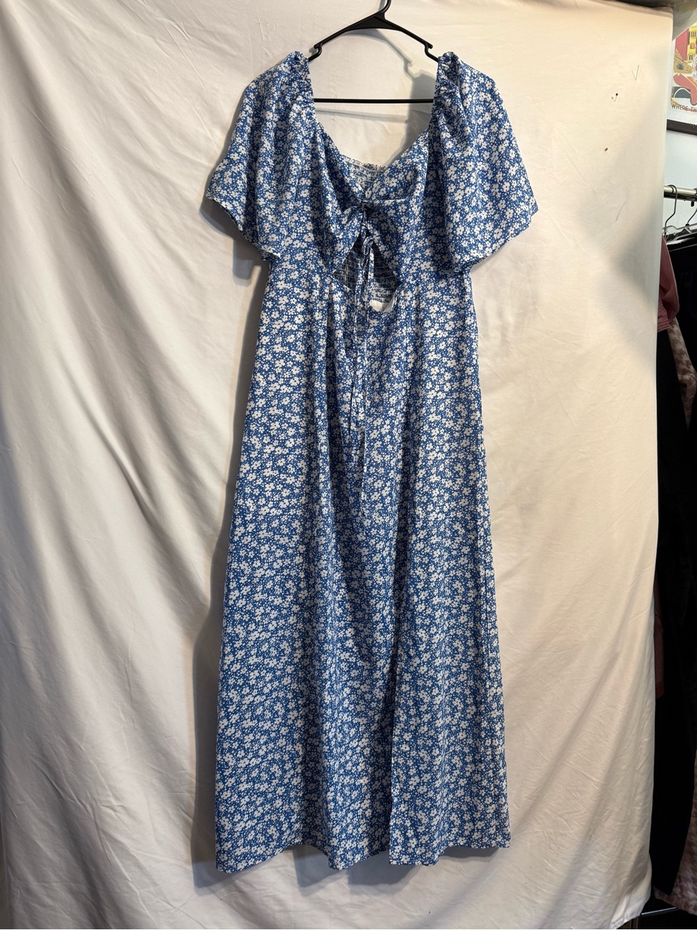 Blue Floral Tie-Back Maxi Dress with Flutter Sleeves